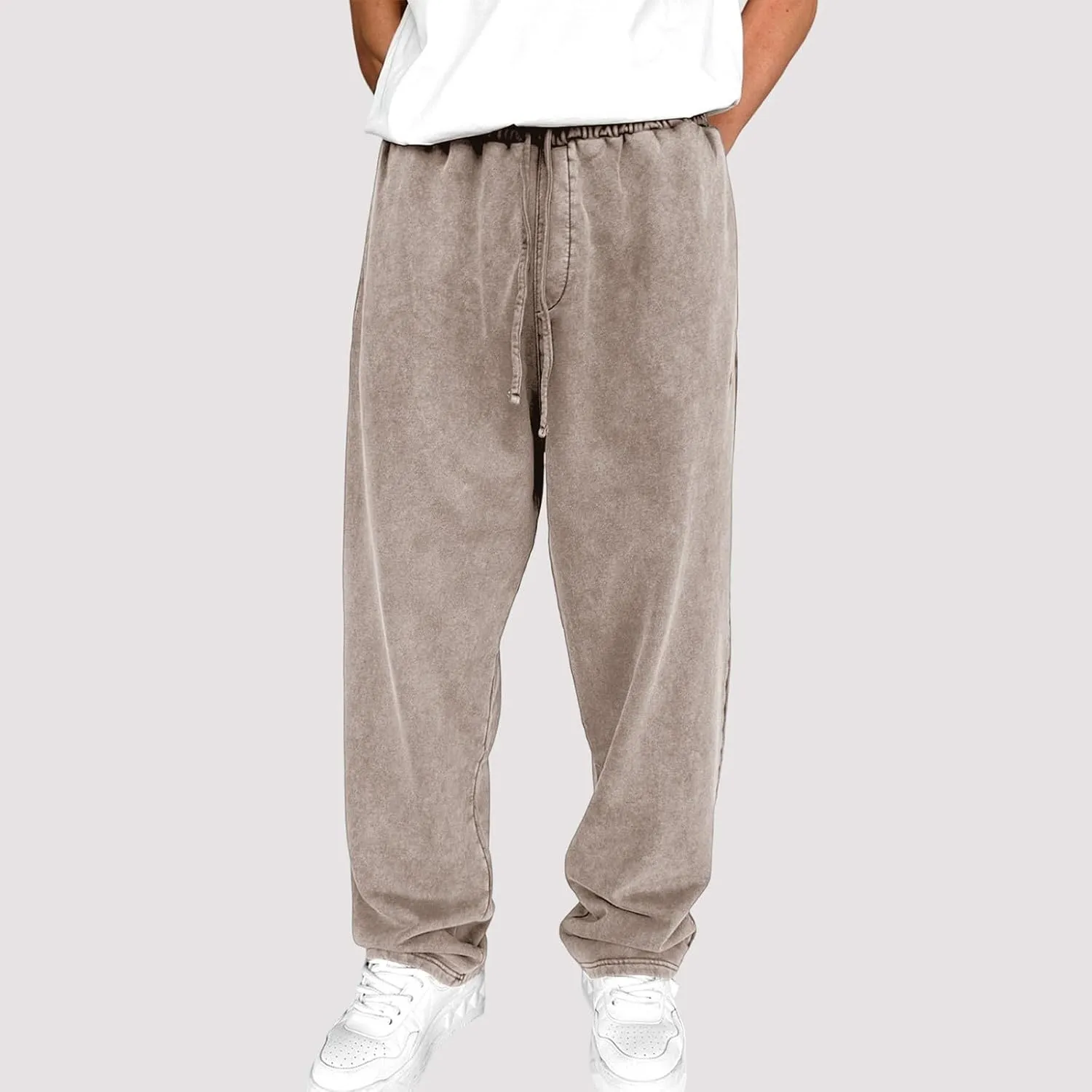 Mens Sweatpants Open Bottom Sasual Plain Vintage Trousers Outdoor Trendy Drawstring Loose Fit Pants with Pockets