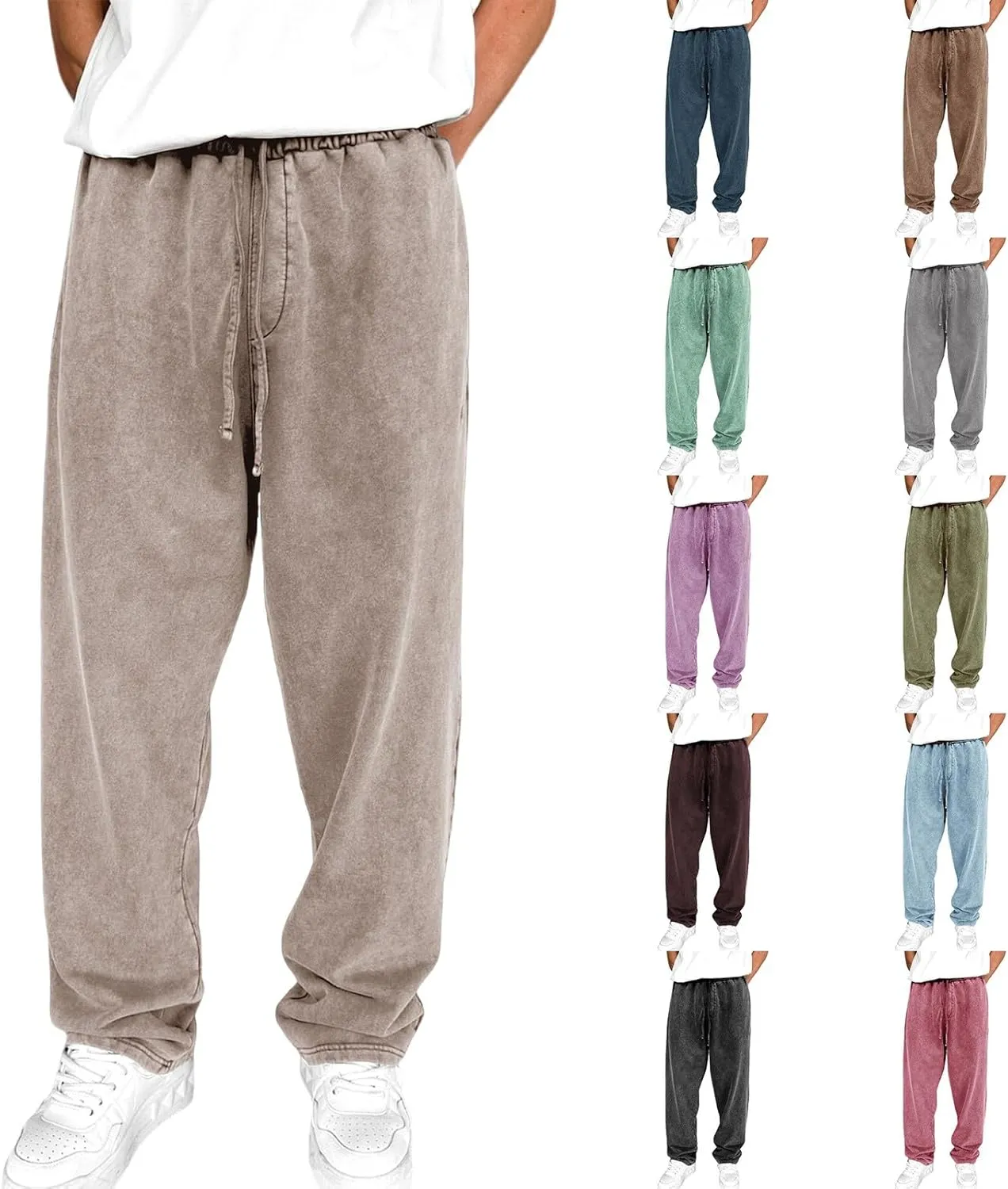 Mens Sweatpants Open Bottom Sasual Plain Vintage Trousers Outdoor Trendy Drawstring Loose Fit Pants with Pockets