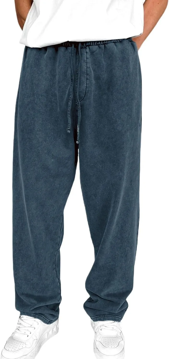 Mens Sweatpants Open Bottom Sasual Plain Vintage Trousers Outdoor Trendy Drawstring Loose Fit Pants with Pockets