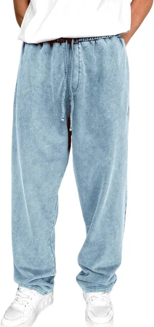 Mens Sweatpants Open Bottom Sasual Plain Vintage Trousers Outdoor Trendy Drawstring Loose Fit Pants with Pockets