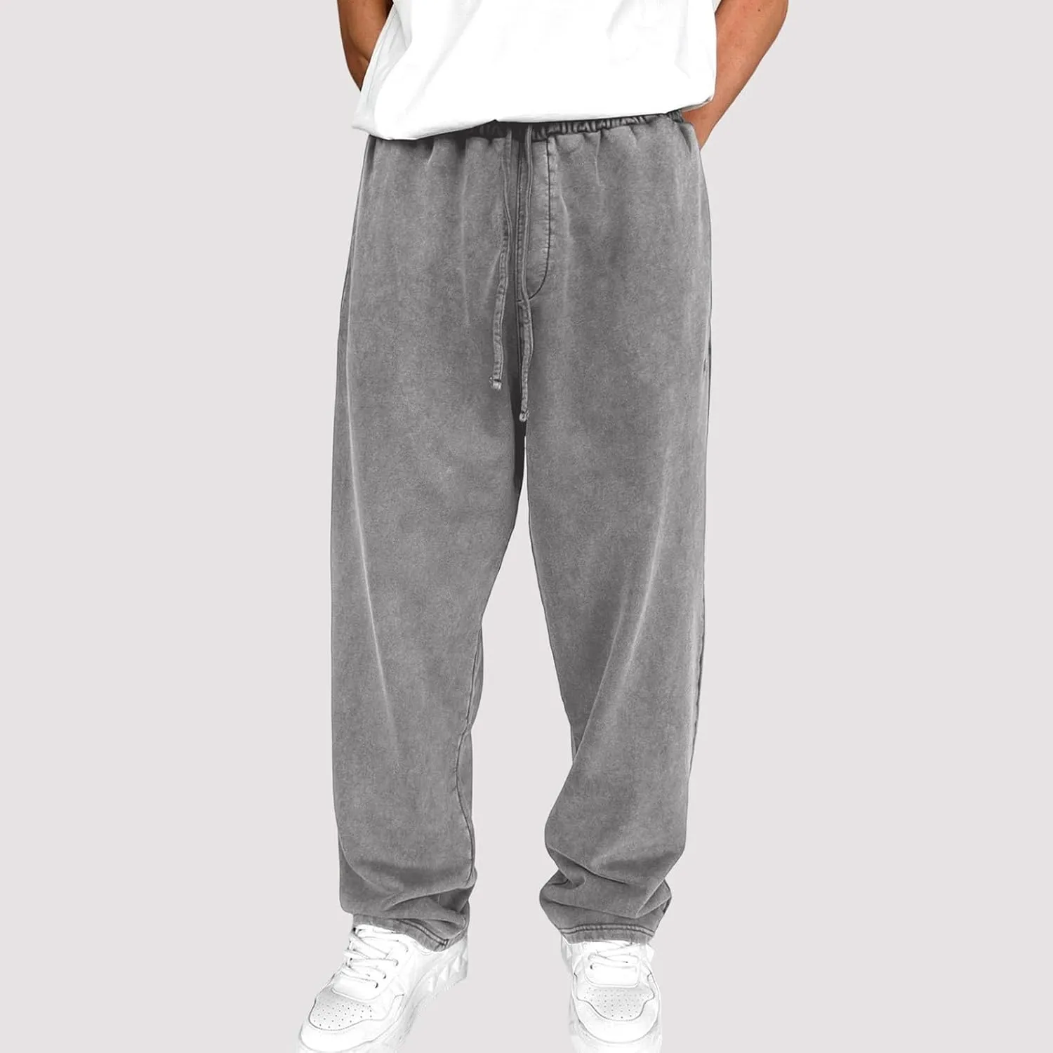 Mens Sweatpants Open Bottom Sasual Plain Vintage Trousers Outdoor Trendy Drawstring Loose Fit Pants with Pockets