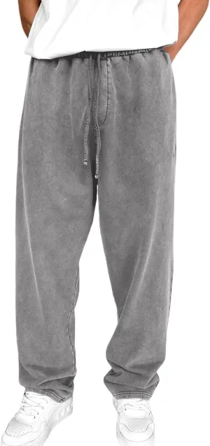 Mens Sweatpants Open Bottom Sasual Plain Vintage Trousers Outdoor Trendy Drawstring Loose Fit Pants with Pockets
