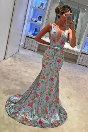 Mermaid Deep V-Neck Sweep Train Blue Chiffon Prom Dress with Flowers Print AHC678