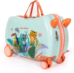 Milk & Moo Ride on Suitcase for Kids, Kids Luggage with Wheels, Tow Along Toddler Carry on Luggage with Folding Footrest, Adjustable Shoulder Strap, Clip on Bands, Jungle Friends, Green, 2-6 Age
