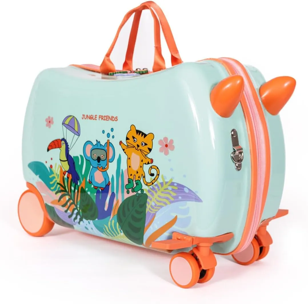 Milk & Moo Ride on Suitcase for Kids, Kids Luggage with Wheels, Tow Along Toddler Carry on Luggage with Folding Footrest, Adjustable Shoulder Strap, Clip on Bands, Jungle Friends, Green, 2-6 Age
