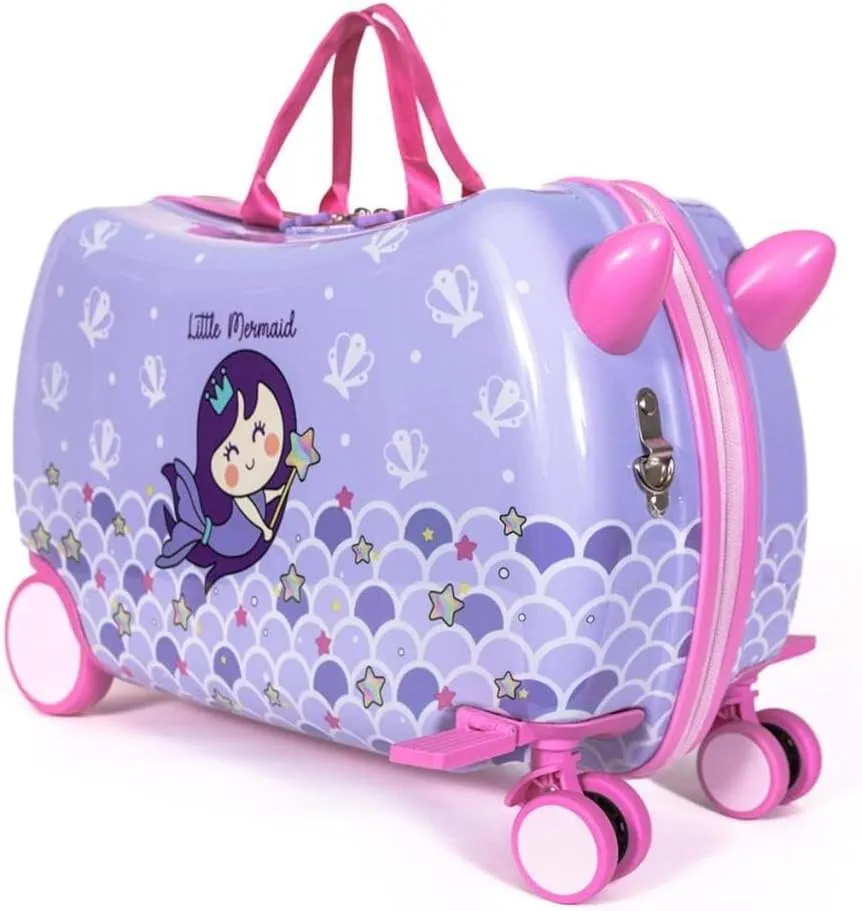 Milk & Moo Ride on Suitcase for Kids, Kids Luggage with Wheels, Tow Along Toddler Carry on Luggage with Folding Footrest, Adjustable Shoulder Strap, Clip on Bands, Jungle Friends, Pink, 2-6 Age