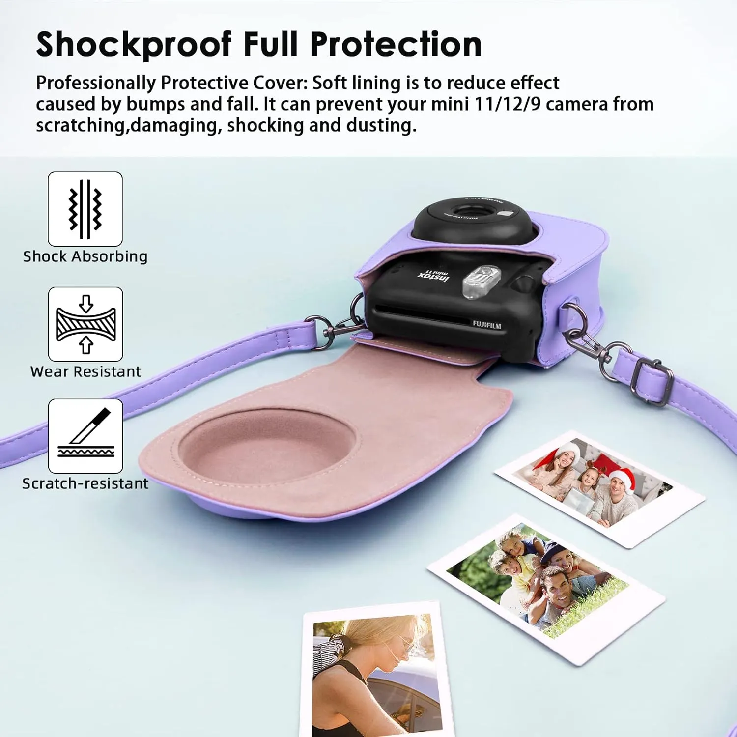 Protective Camera Case for Fujifilm Instax Mini 11, 12, 9 Instant Cameras, with Instax Mini Album.PU Leather Bag Cover with Removable Adjustable Strap (Purple)
