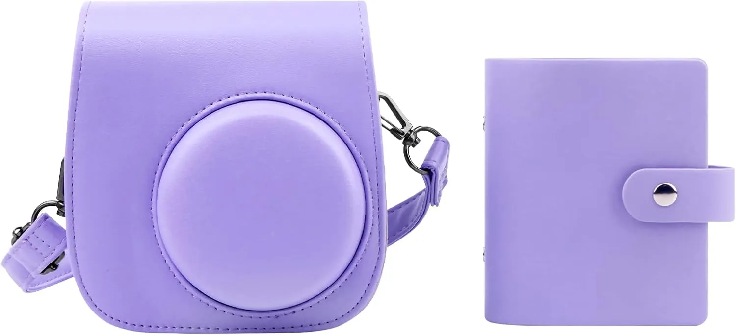 Protective Camera Case for Fujifilm Instax Mini 11, 12, 9 Instant Cameras, with Instax Mini Album.PU Leather Bag Cover with Removable Adjustable Strap (Purple)