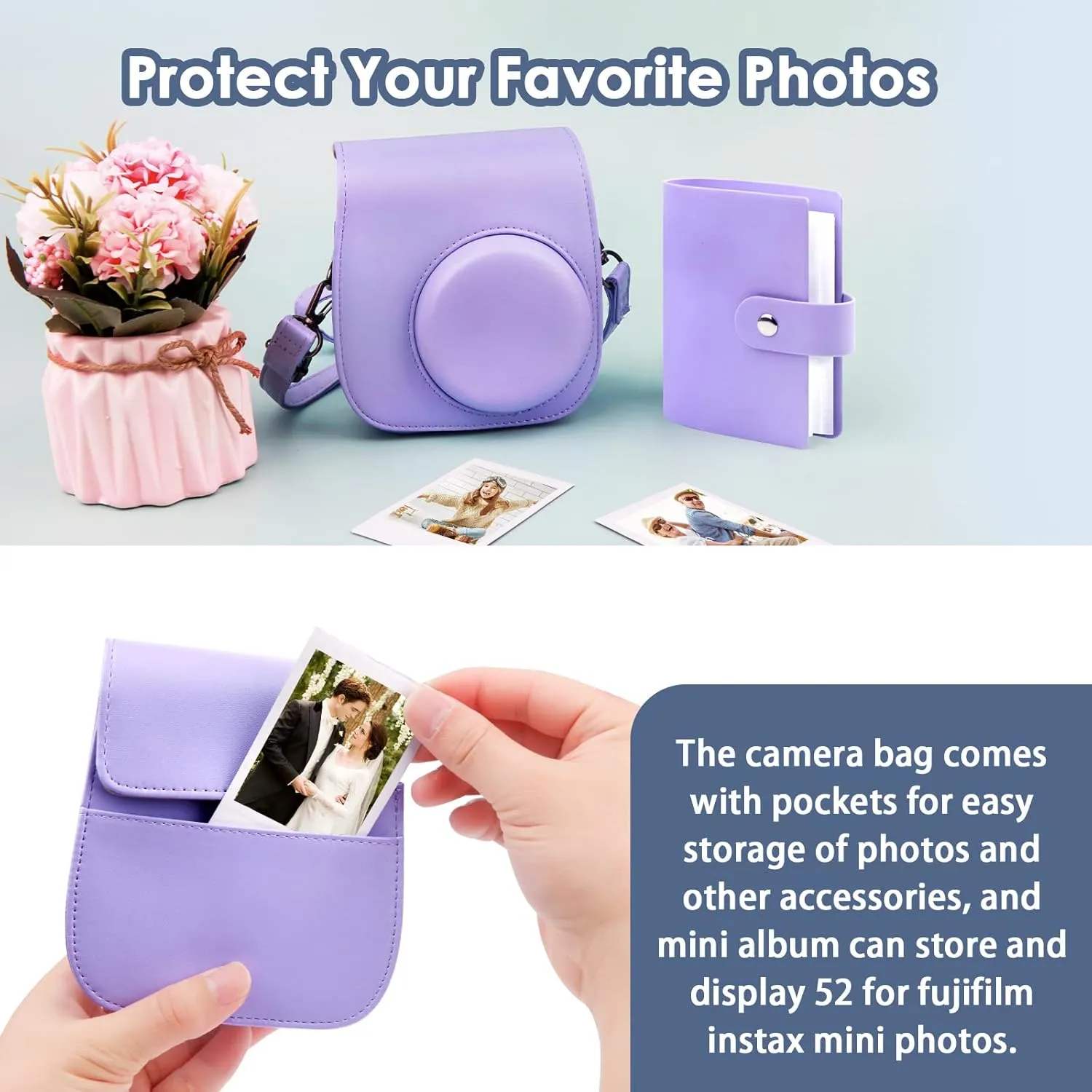 Protective Camera Case for Fujifilm Instax Mini 11, 12, 9 Instant Cameras, with Instax Mini Album.PU Leather Bag Cover with Removable Adjustable Strap (Purple)
