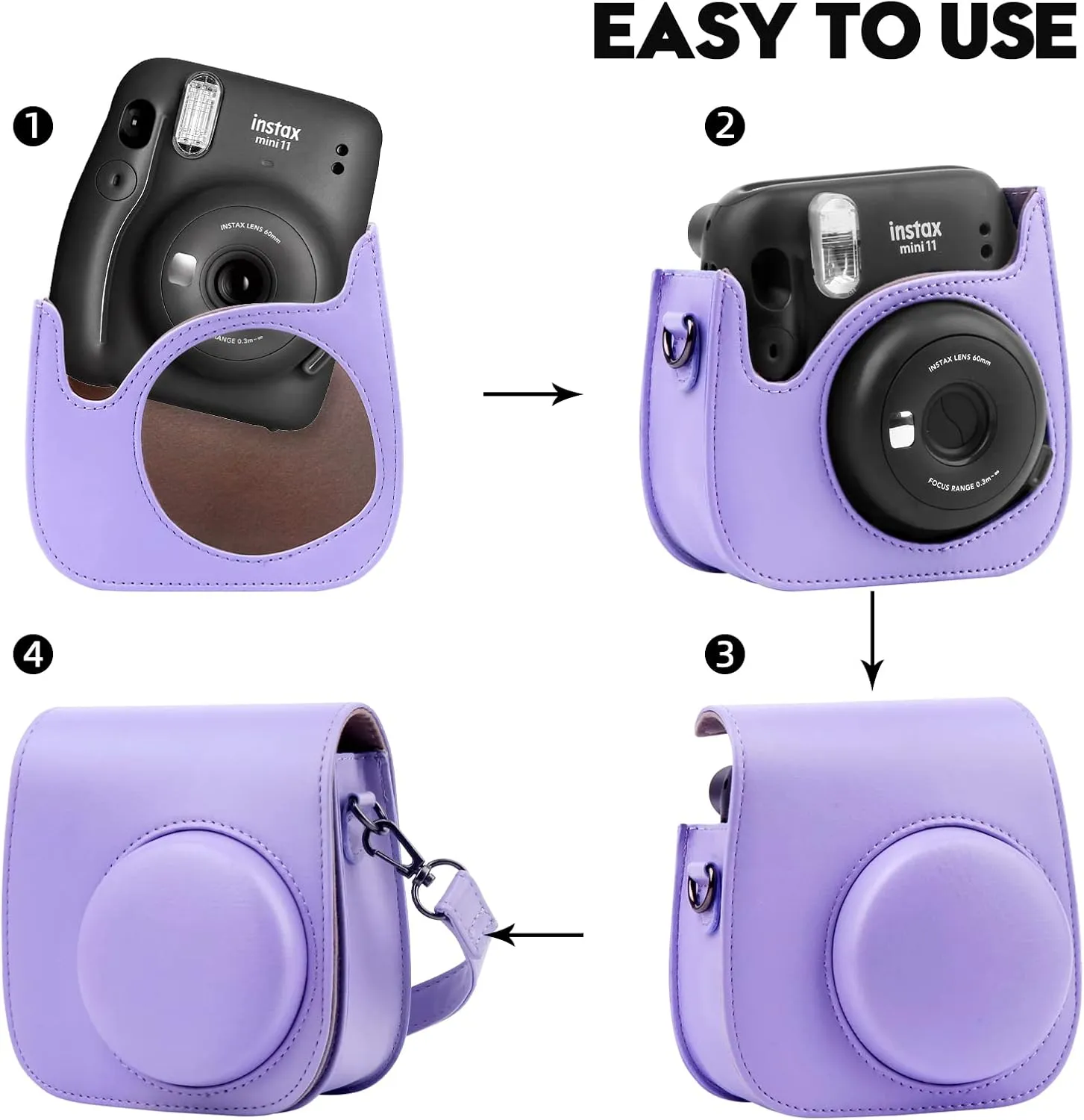 Protective Camera Case for Fujifilm Instax Mini 11, 12, 9 Instant Cameras, with Instax Mini Album.PU Leather Bag Cover with Removable Adjustable Strap (Purple)