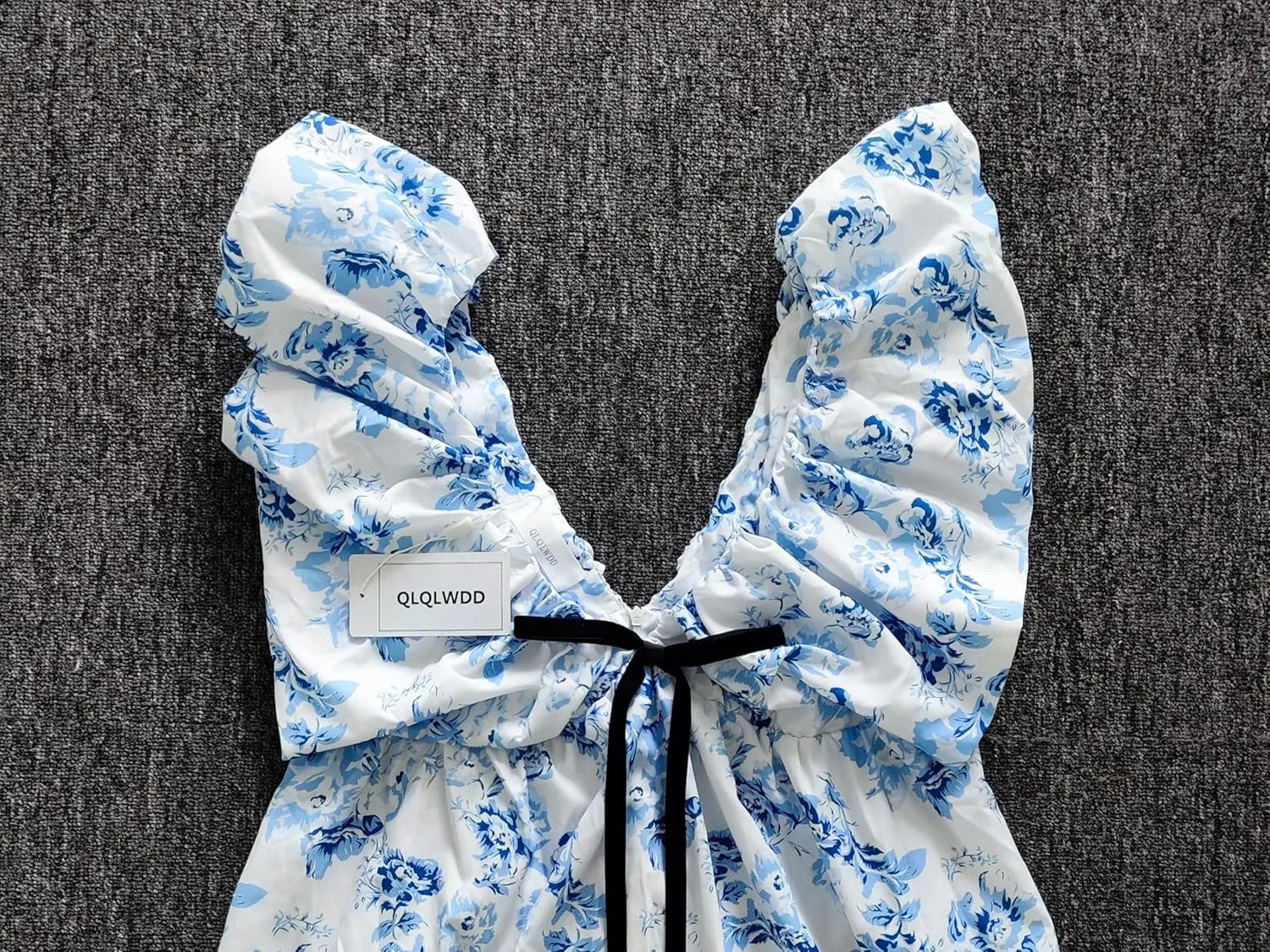QLQLWDD Women Y2k Floral Print Mini Dress Boho V Neck Puff Sleeve Short Dress Flowy A Line Babydoll Dress