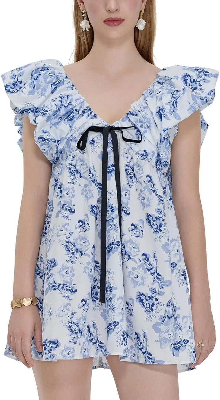 QLQLWDD Women Y2k Floral Print Mini Dress Boho V Neck Puff Sleeve Short Dress Flowy A Line Babydoll Dress