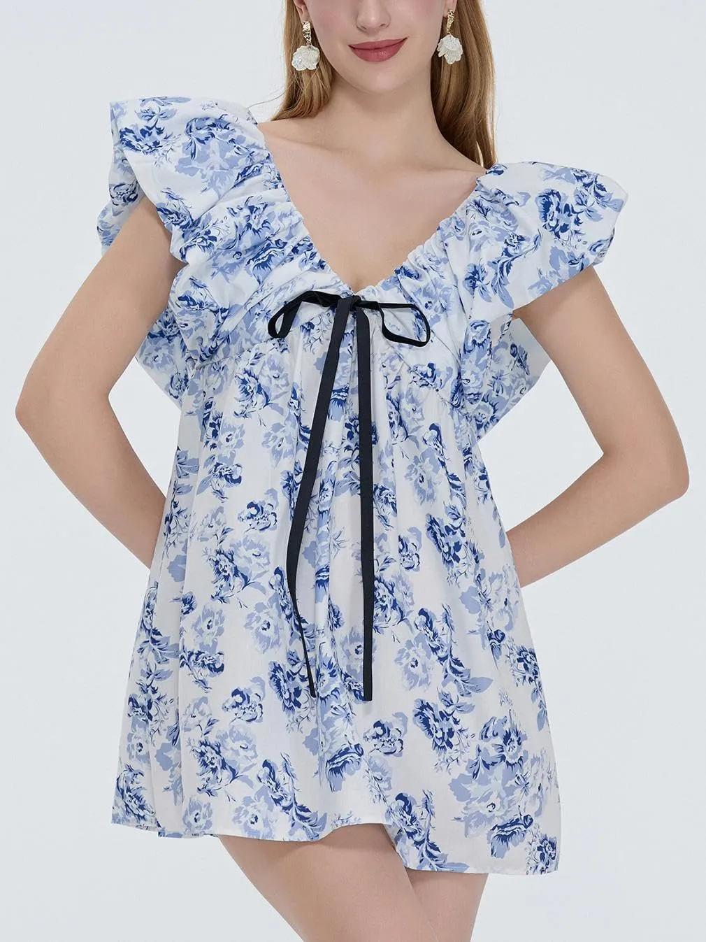 QLQLWDD Women Y2k Floral Print Mini Dress Boho V Neck Puff Sleeve Short Dress Flowy A Line Babydoll Dress