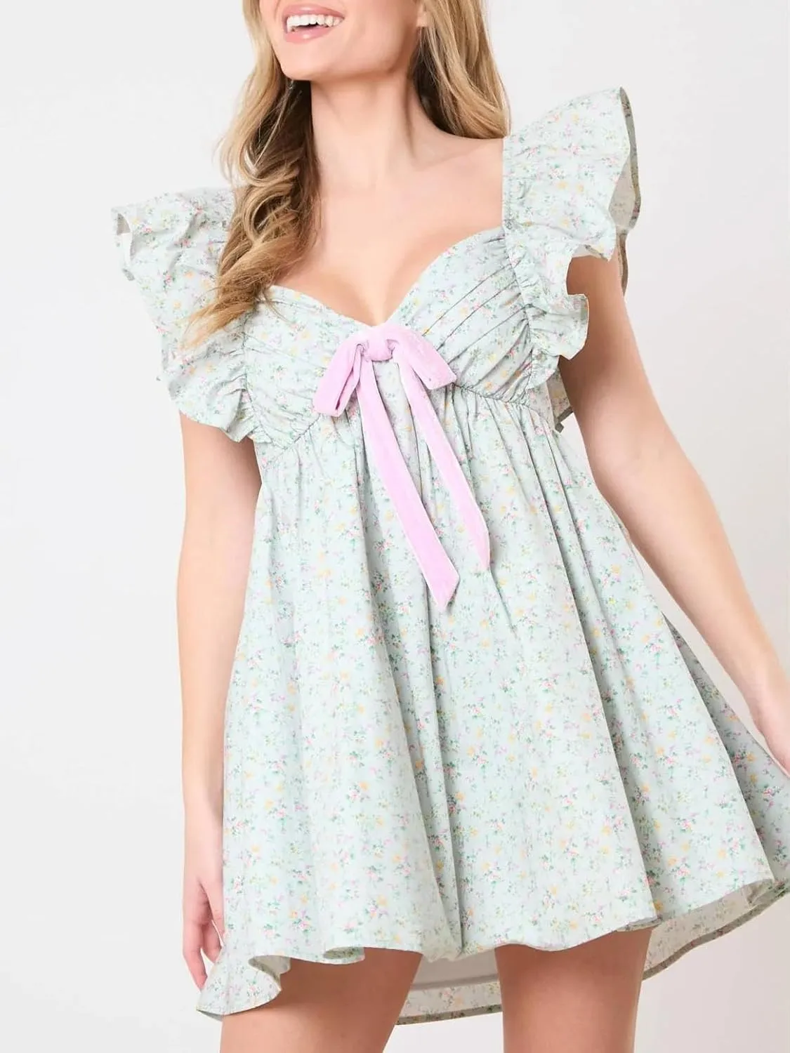 QLQLWDD Women Y2k Floral Print Mini Dress Boho V Neck Puff Sleeve Short Dress Flowy A Line Babydoll Dress