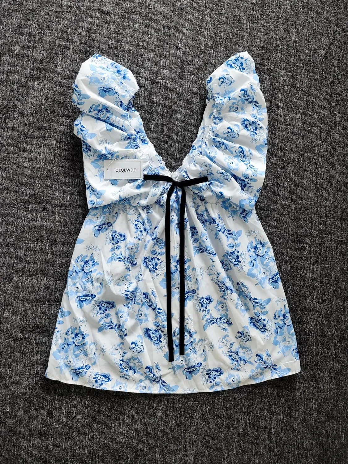 QLQLWDD Women Y2k Floral Print Mini Dress Boho V Neck Puff Sleeve Short Dress Flowy A Line Babydoll Dress
