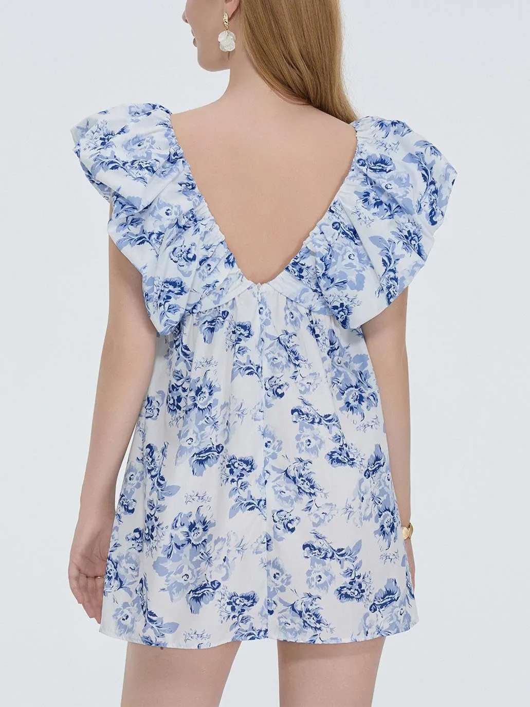 QLQLWDD Women Y2k Floral Print Mini Dress Boho V Neck Puff Sleeve Short Dress Flowy A Line Babydoll Dress