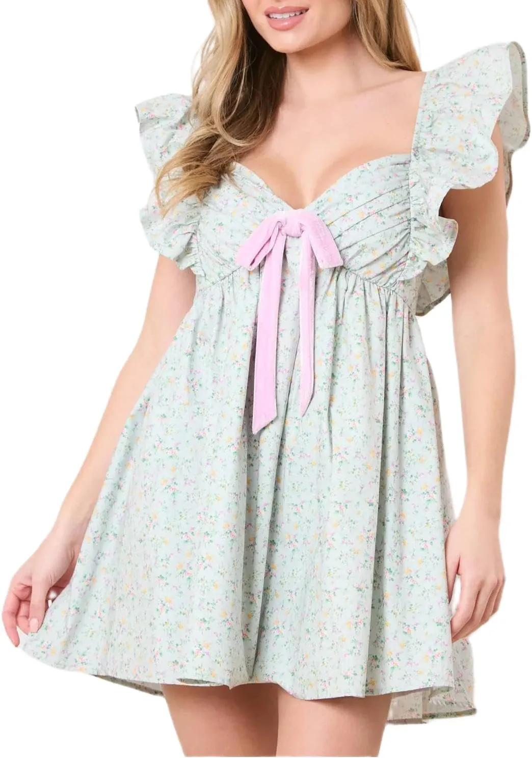 QLQLWDD Women Y2k Floral Print Mini Dress Boho V Neck Puff Sleeve Short Dress Flowy A Line Babydoll Dress