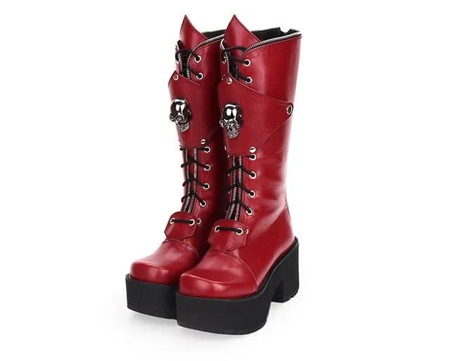 Red High Heels Platform Lolita Boots Zipper Skull Punk