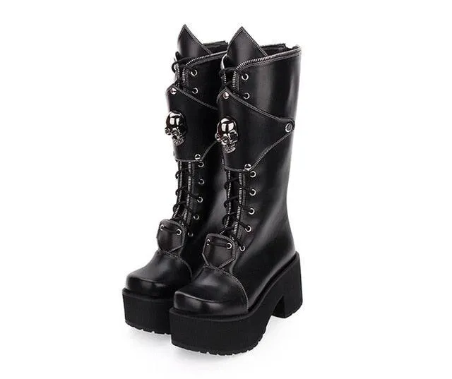 Red High Heels Platform Lolita Boots Zipper Skull Punk