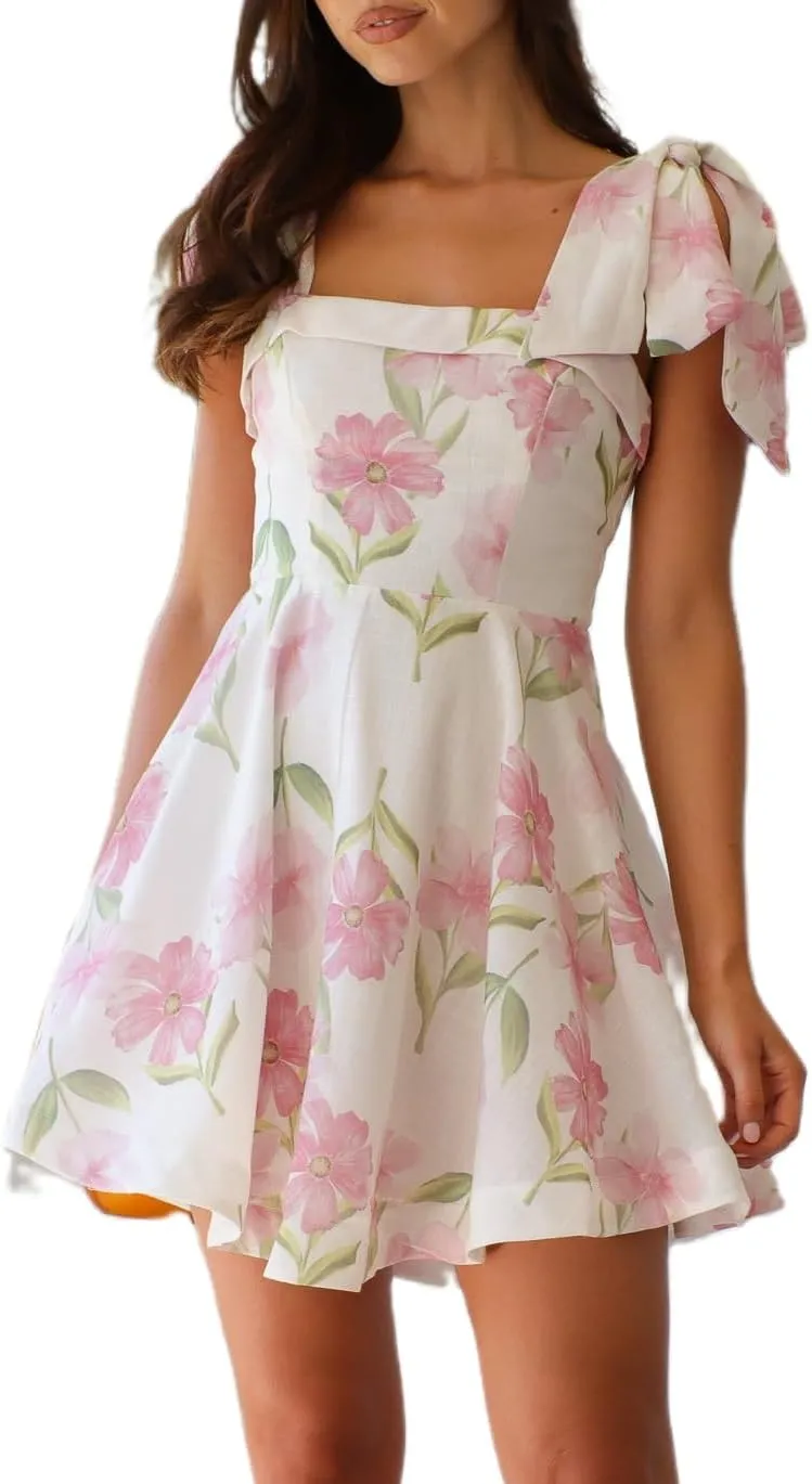 Sastianaen Women Y2k Floral Print Mini Dress Boho Tie Shoulder Spaghetti Strap Short Dress Flowy A Line Dress