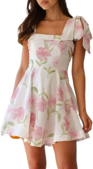 Sastianaen Women Y2k Floral Print Mini Dress Boho Tie Shoulder Spaghetti Strap Short Dress Flowy A Line Dress
