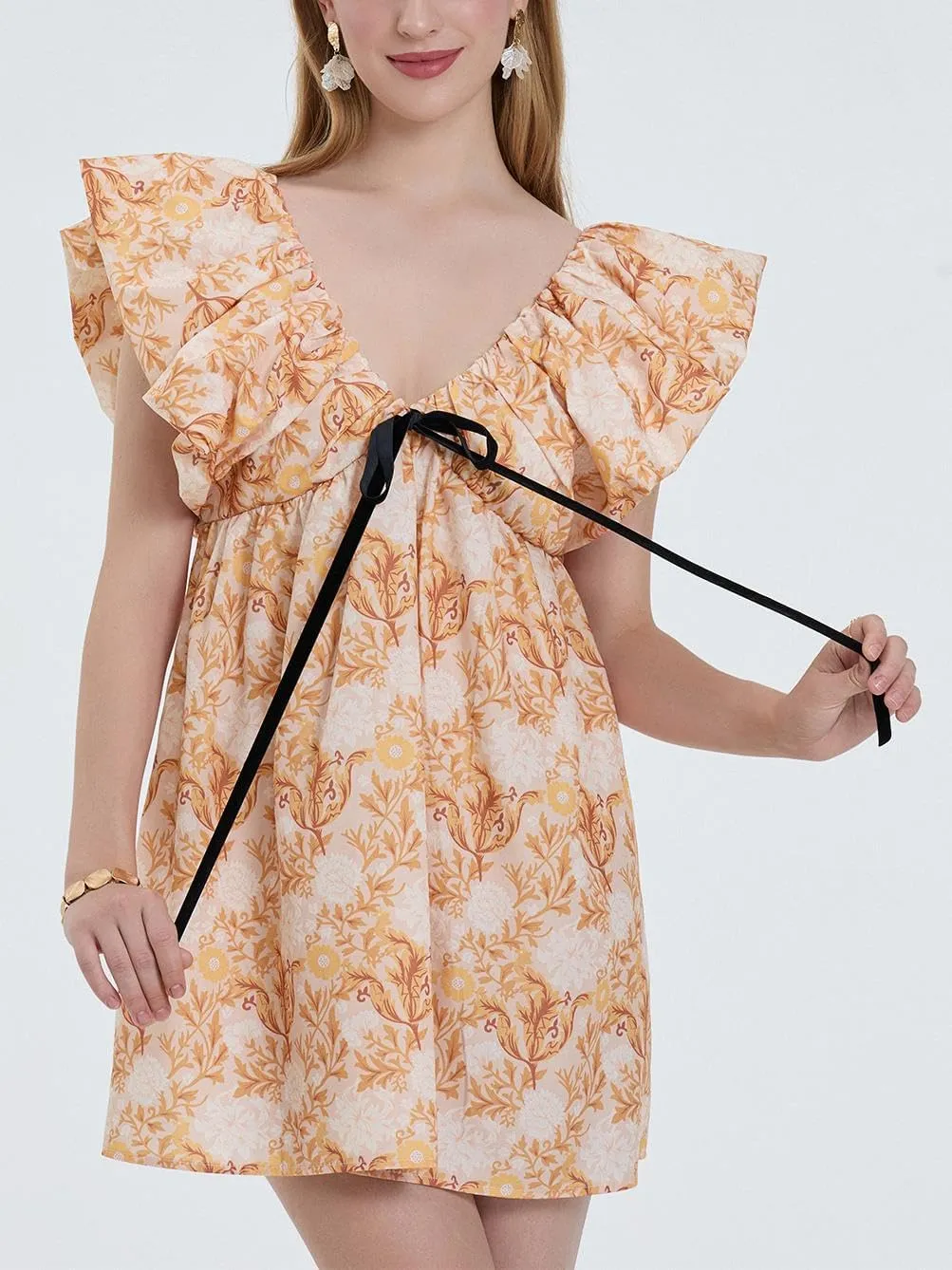 Sastianaen Women Y2k Floral Print Mini Dress Boho V Neck Puff Sleeve Short Dress Bow Tie Flowy Dress Beach Sundress