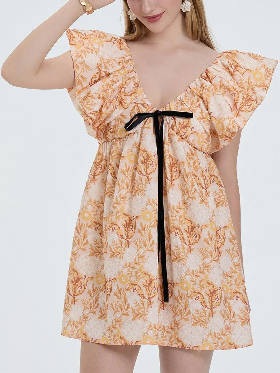 Sastianaen Women Y2k Floral Print Mini Dress Boho V Neck Puff Sleeve Short Dress Bow Tie Flowy Dress Beach Sundress