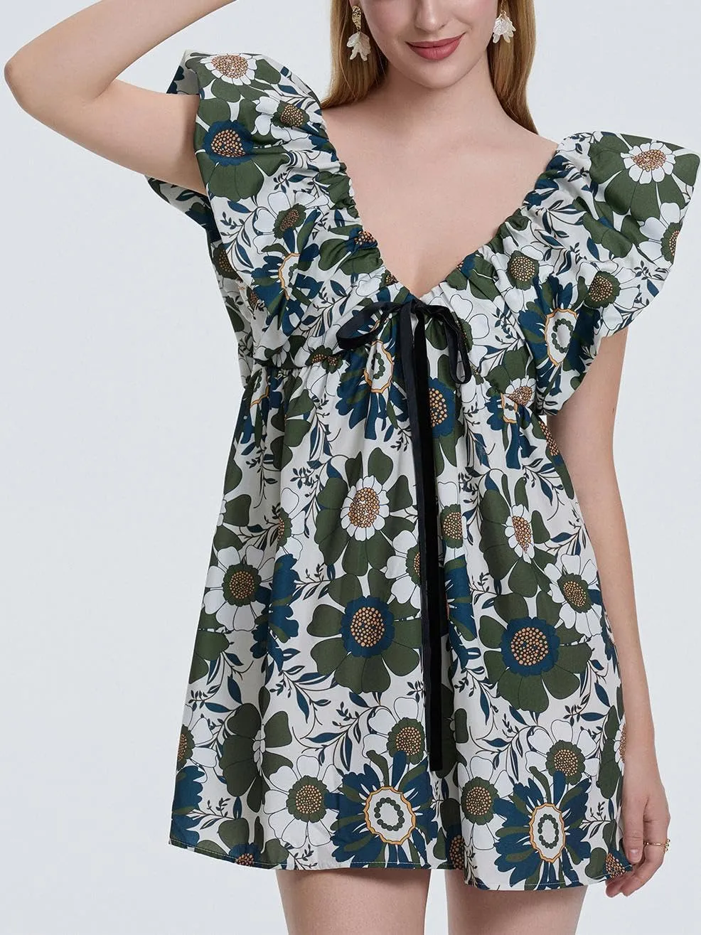 Sastianaen Women Y2k Floral Print Mini Dress Boho V Neck Puff Sleeve Short Dress Bow Tie Flowy Dress Beach Sundress