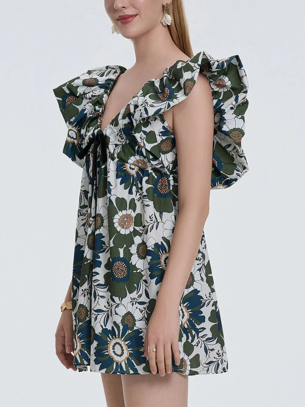 Sastianaen Women Y2k Floral Print Mini Dress Boho V Neck Puff Sleeve Short Dress Bow Tie Flowy Dress Beach Sundress