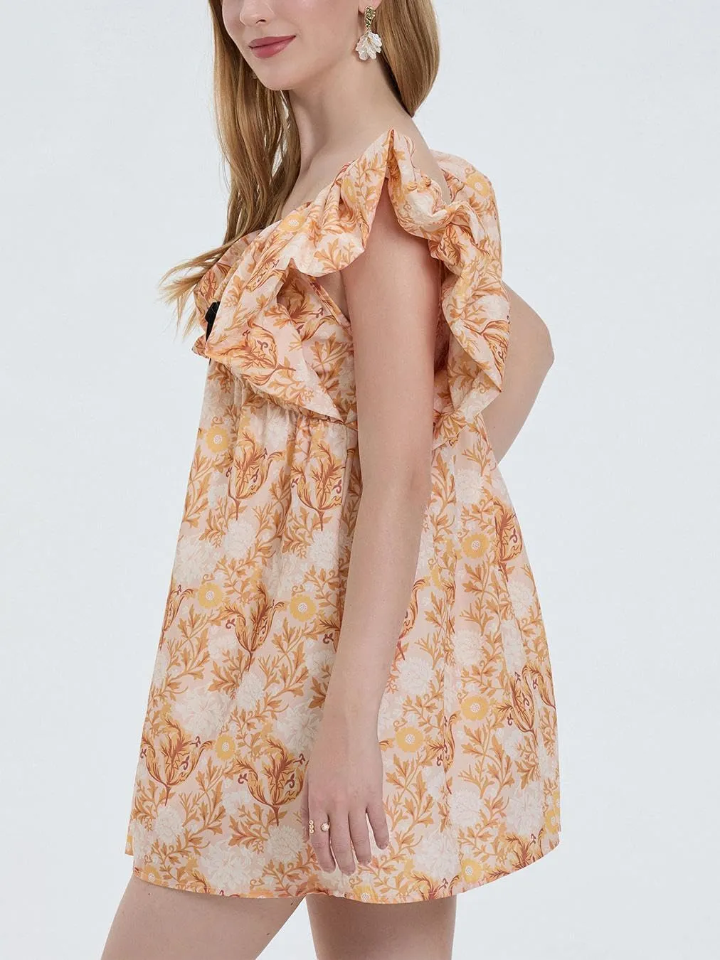 Sastianaen Women Y2k Floral Print Mini Dress Boho V Neck Puff Sleeve Short Dress Bow Tie Flowy Dress Beach Sundress