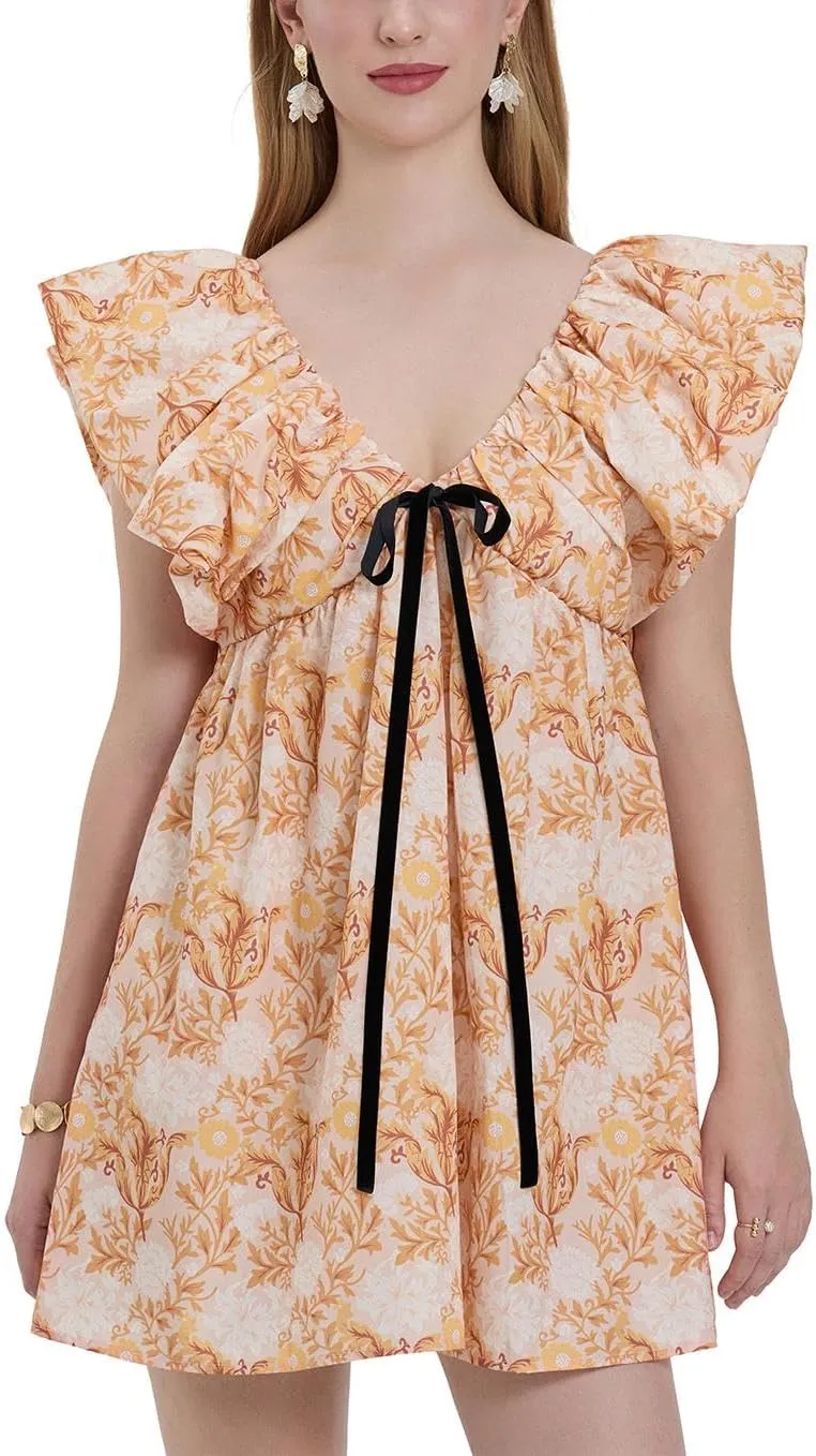 Sastianaen Women Y2k Floral Print Mini Dress Boho V Neck Puff Sleeve Short Dress Bow Tie Flowy Dress Beach Sundress