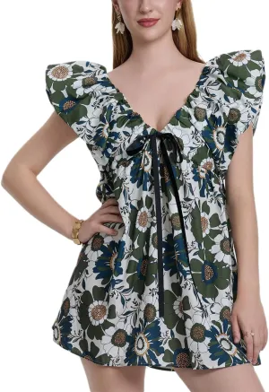 Sastianaen Women Y2k Floral Print Mini Dress Boho V Neck Puff Sleeve Short Dress Bow Tie Flowy Dress Beach Sundress