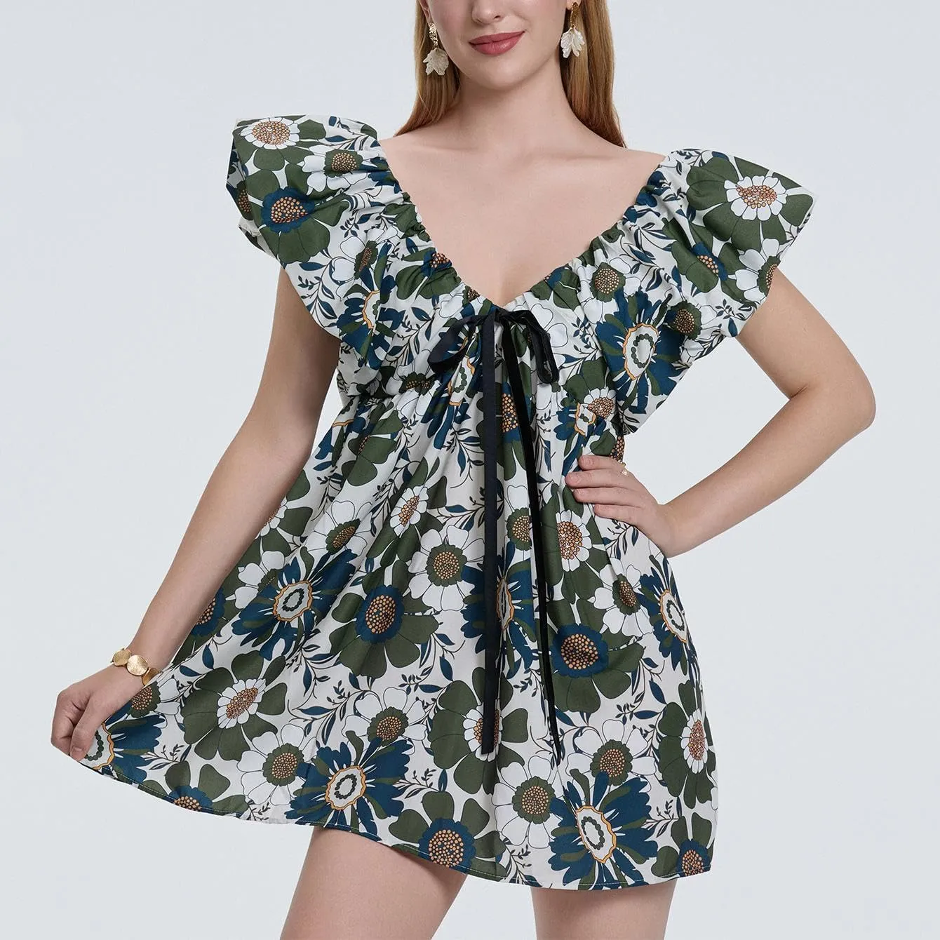 Sastianaen Women Y2k Floral Print Mini Dress Boho V Neck Puff Sleeve Short Dress Bow Tie Flowy Dress Beach Sundress