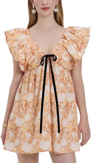 Sastianaen Women Y2k Floral Print Mini Dress Boho V Neck Puff Sleeve Short Dress Bow Tie Flowy Dress Beach Sundress