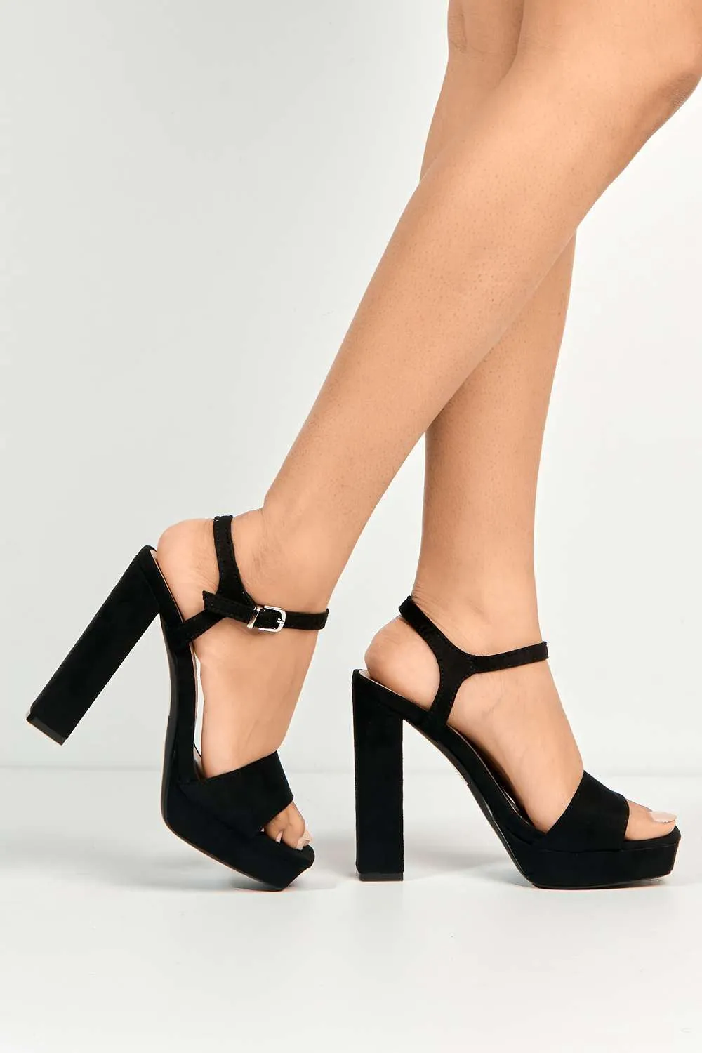 Sayra Ankle Strap Platform Block Heel Sandals in Black Suede
