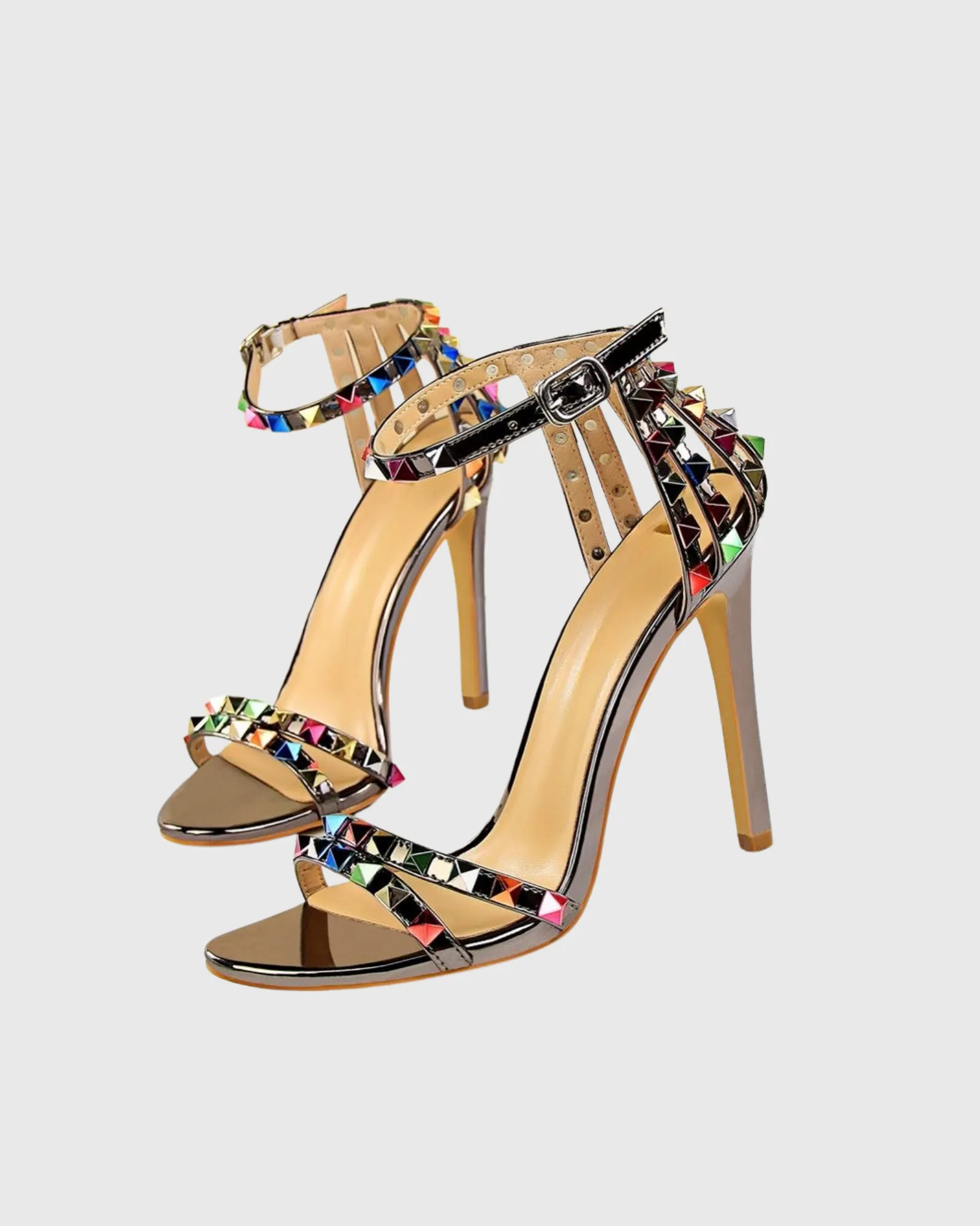 Senta Rivet Metallic Strap Sandals In Grey