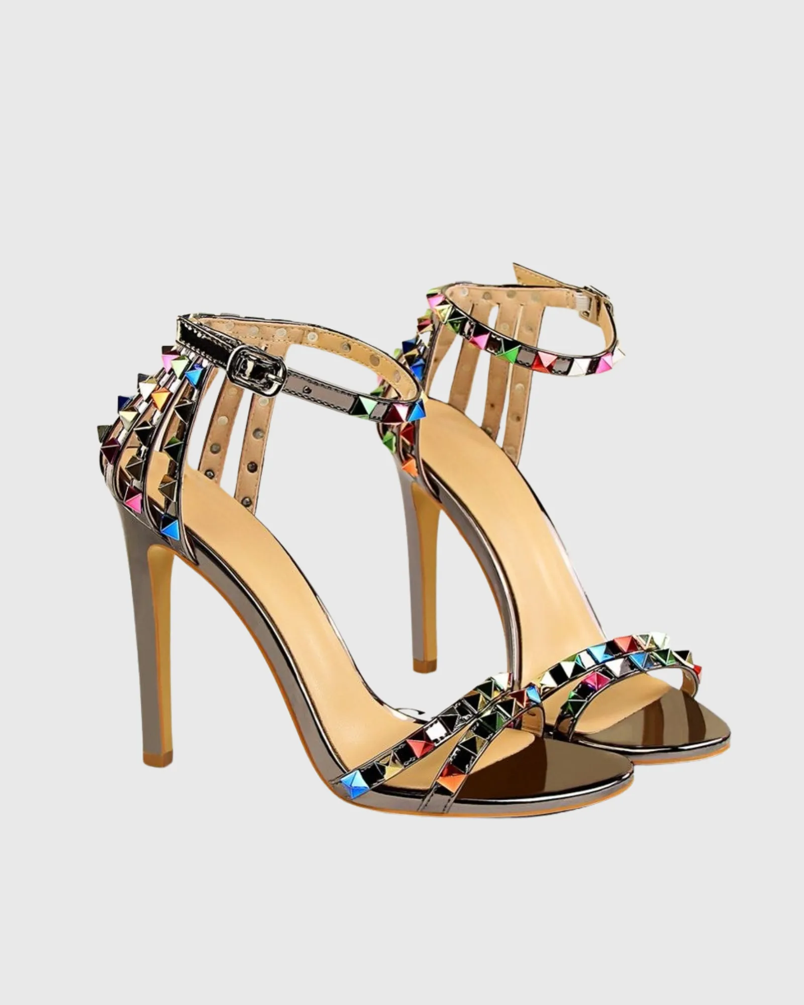 Senta Rivet Metallic Strap Sandals In Grey