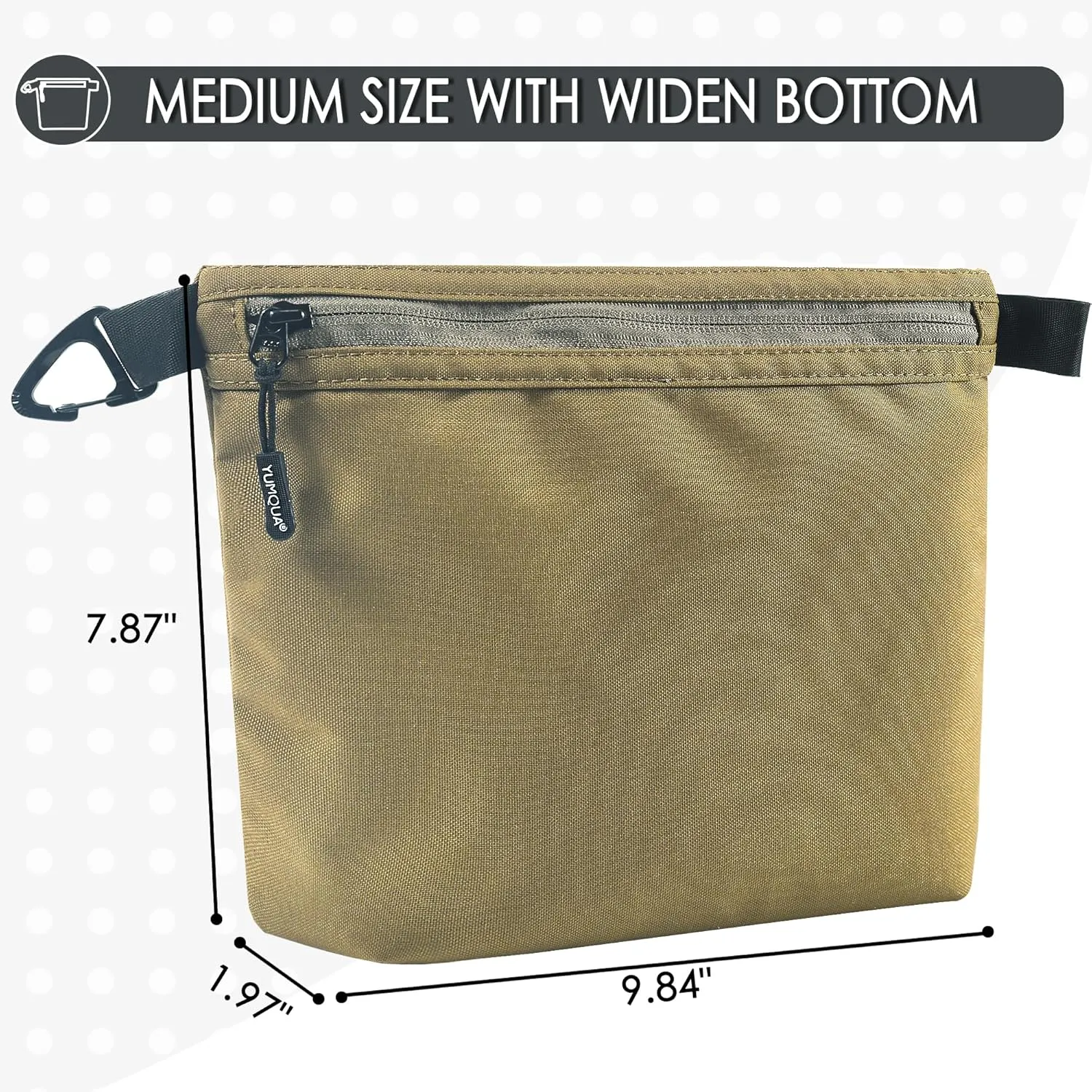 Small Pouch for Travel Essentials, Makeup Pouch Bag with Carabiner Clip on Backpack Dopp Kit Storage Pouch Organization for Toiletries, Cosmetics, Tech, Tools, Water Resistant 500D Nylon (Khaki)