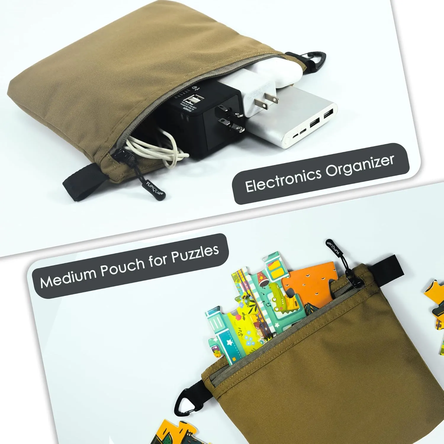 Small Pouch for Travel Essentials, Makeup Pouch Bag with Carabiner Clip on Backpack Dopp Kit Storage Pouch Organization for Toiletries, Cosmetics, Tech, Tools, Water Resistant 500D Nylon (Khaki)