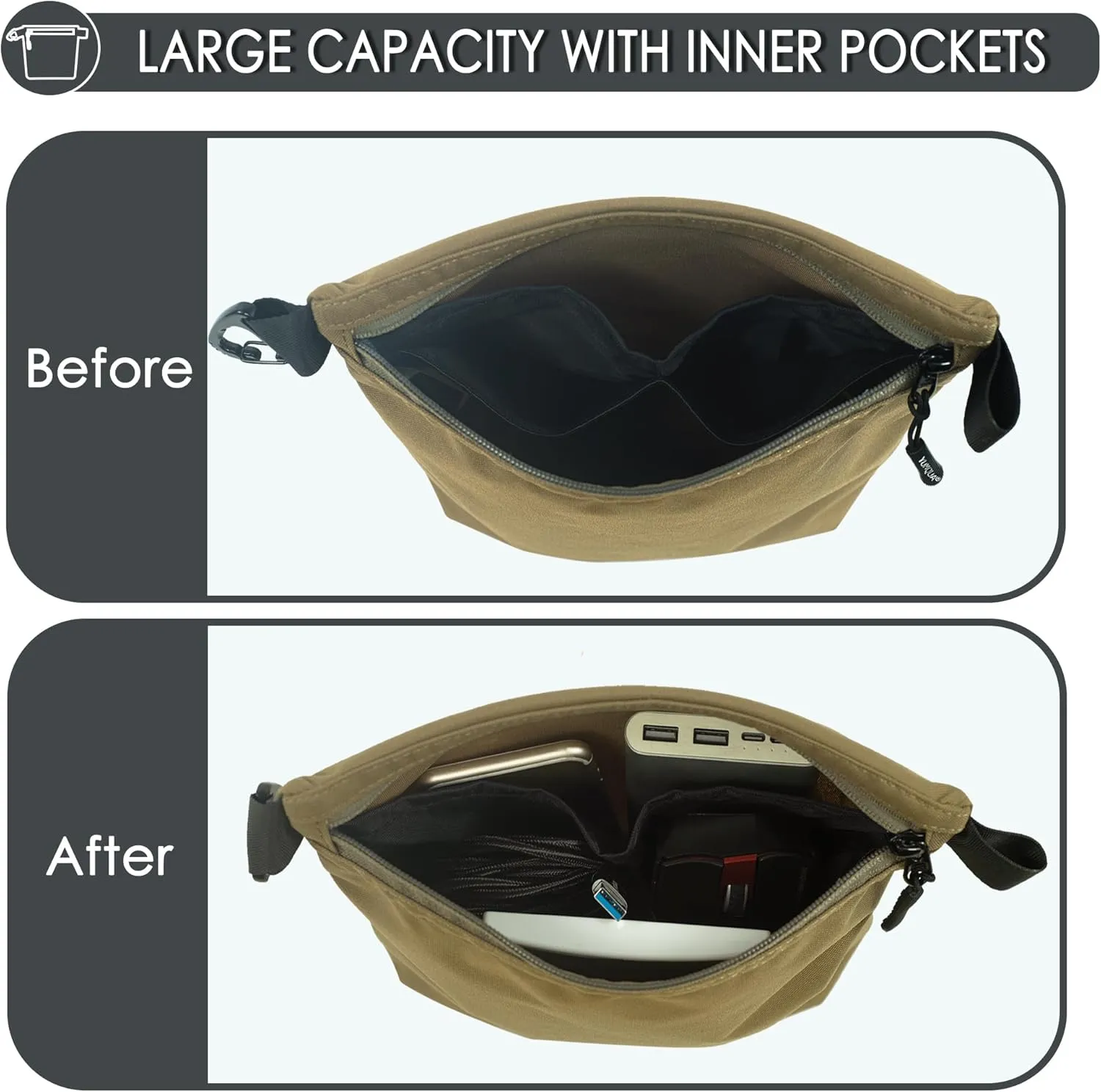 Small Pouch for Travel Essentials, Makeup Pouch Bag with Carabiner Clip on Backpack Dopp Kit Storage Pouch Organization for Toiletries, Cosmetics, Tech, Tools, Water Resistant 500D Nylon (Khaki)