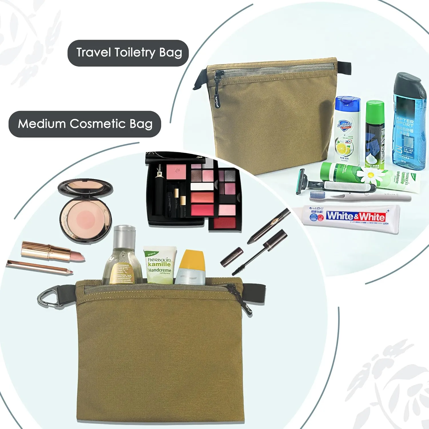 Small Pouch for Travel Essentials, Makeup Pouch Bag with Carabiner Clip on Backpack Dopp Kit Storage Pouch Organization for Toiletries, Cosmetics, Tech, Tools, Water Resistant 500D Nylon (Khaki)