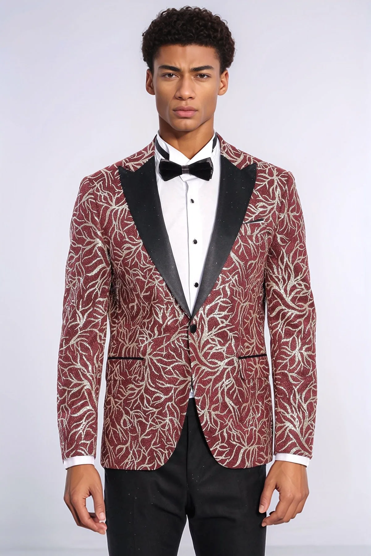 Sparkling Ivy Patterned Slim Fit Burgundy Men Evening Tuxedo Jacket - Wessi