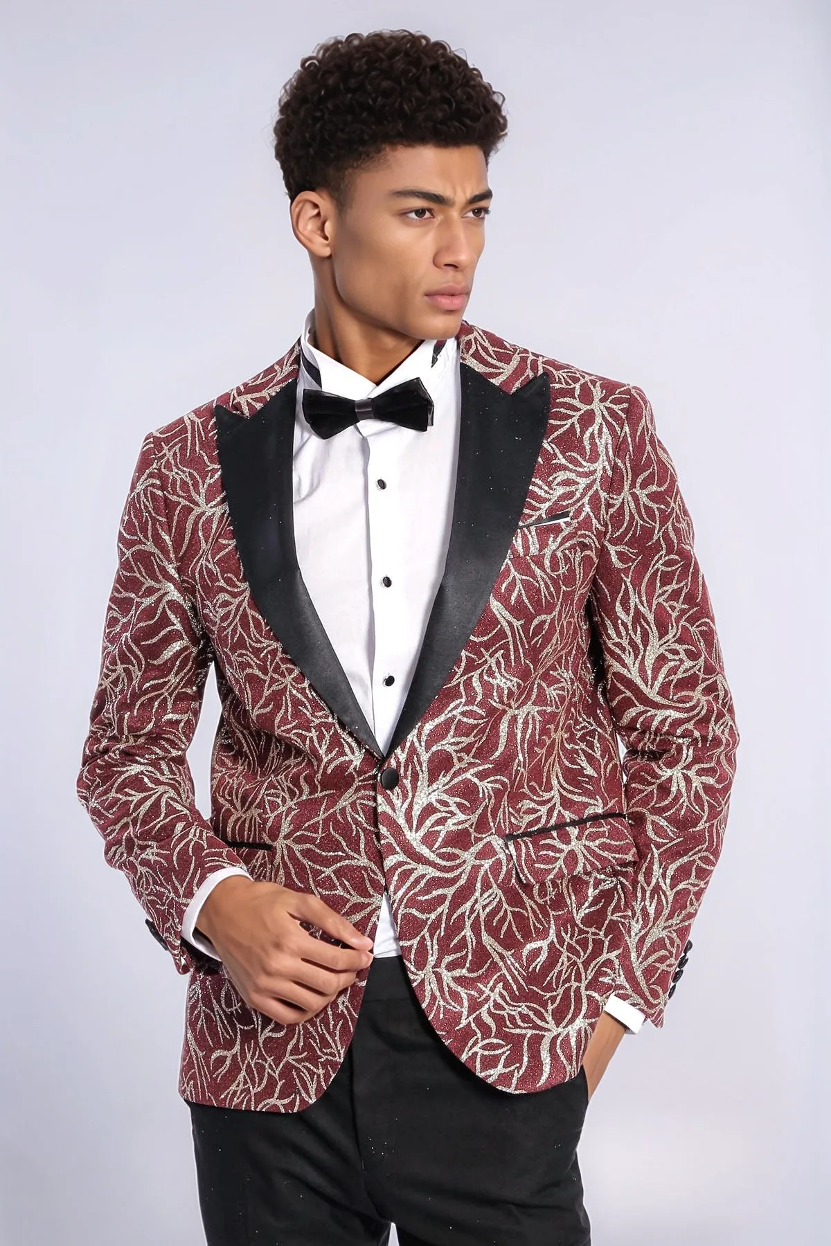 Sparkling Ivy Patterned Slim Fit Burgundy Men Evening Tuxedo Jacket - Wessi