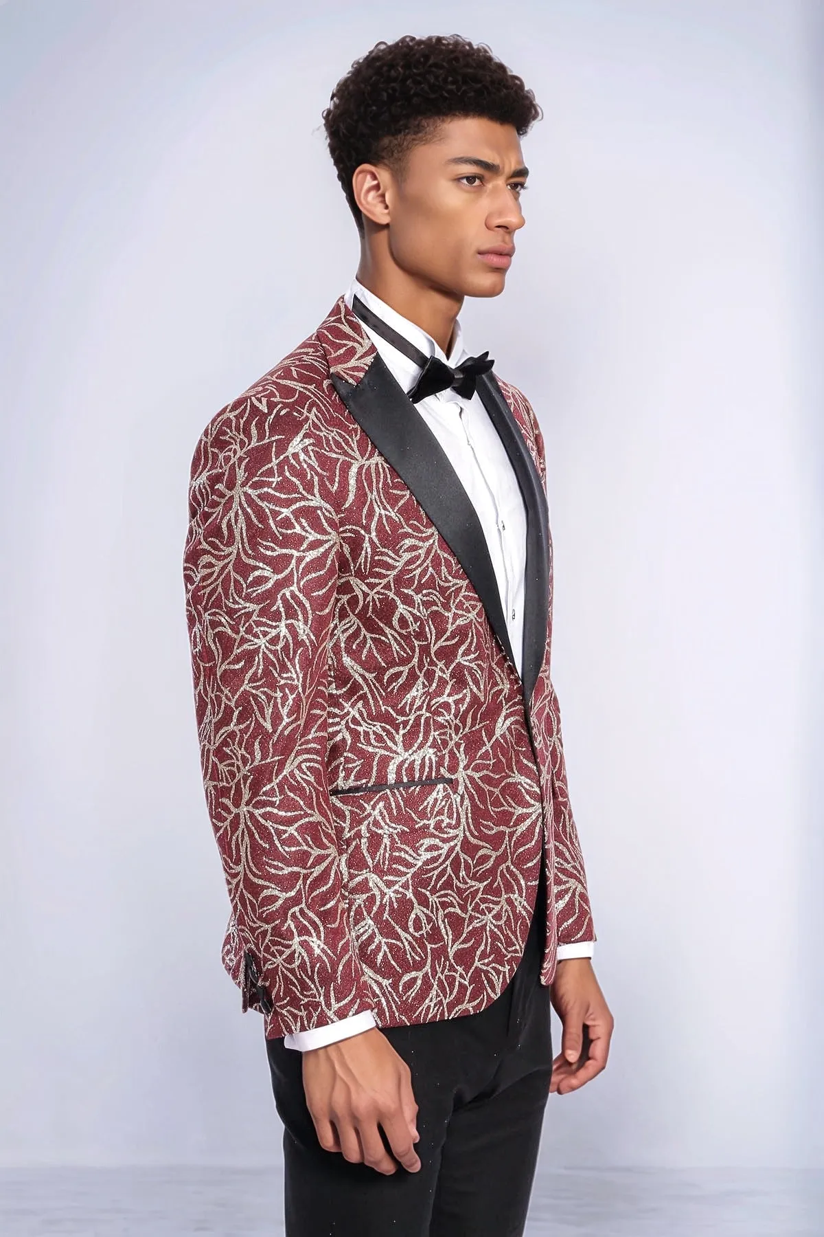 Sparkling Ivy Patterned Slim Fit Burgundy Men Evening Tuxedo Jacket - Wessi