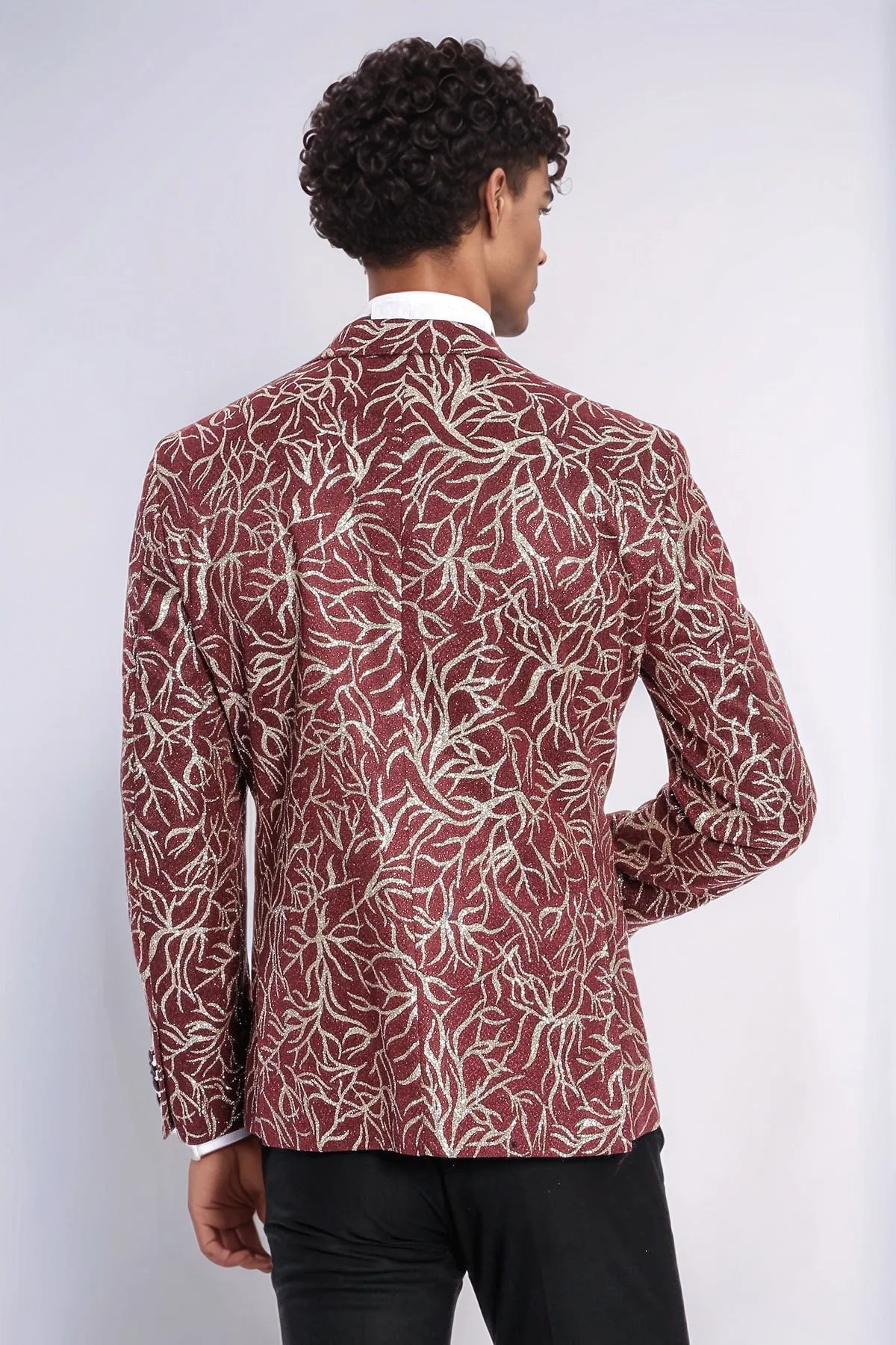 Sparkling Ivy Patterned Slim Fit Burgundy Men Evening Tuxedo Jacket - Wessi