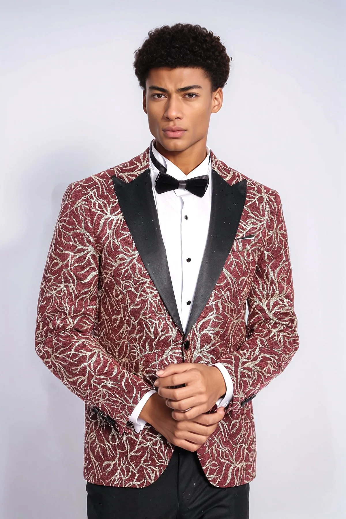 Sparkling Ivy Patterned Slim Fit Burgundy Men Evening Tuxedo Jacket - Wessi