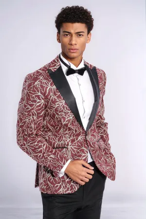 Sparkling Ivy Patterned Slim Fit Burgundy Men Evening Tuxedo Jacket - Wessi