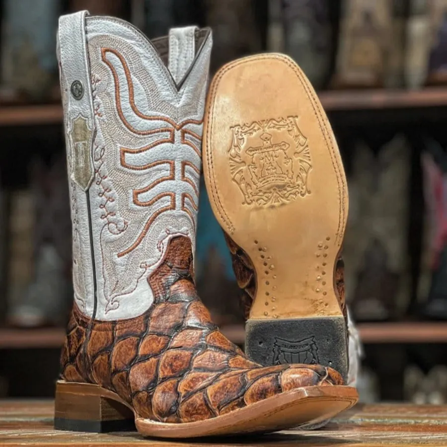 Tanner Mark Men's Dillon Print Monster Fish Square Toe Boots Cognac TM205539