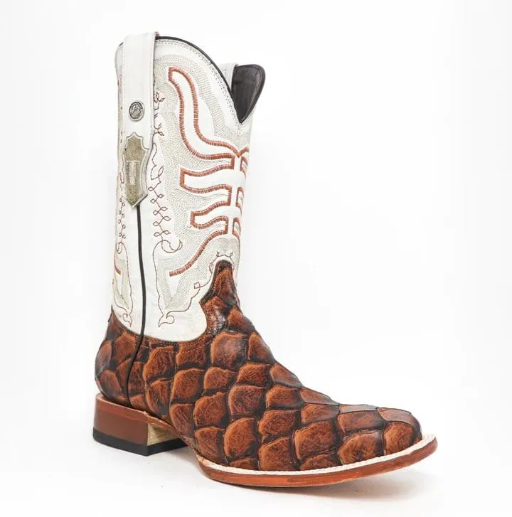Tanner Mark Men's Dillon Print Monster Fish Square Toe Boots Cognac TM205539