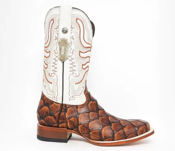 Tanner Mark Men's Dillon Print Monster Fish Square Toe Boots Cognac TM205539